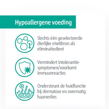 Hypoallergene voeding: Slechts één geselecteerde eiwitbron, vermindert intolerantiesymptomen, ondersteunt huidfunctie bij dermatose.
