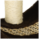 Nahaufnahme eines Katzenkratzbaums mit einer strukturierten Sisal-Seil-Säule und einer weichen, dunkelbraunen Basis mit einem gewebten Muster.