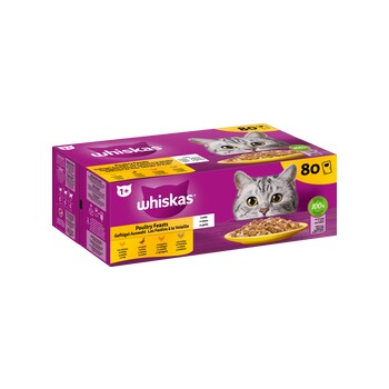 Whiskas Poultry Feast Katzenfutterpackung mit einer grauen Katze und einer Schale Nassfutter, 80 Beutel, lila Verpackung.