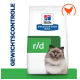 Hill's Prescription Diet r/d kattenvoerzak met een fluffy kat met blauwe ogen, gelabeld 'Gewichtscontrolle' aan de zijkant.
