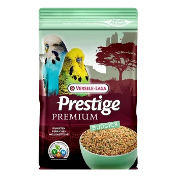 Un sac de nourriture pour perruches Versele-Laga Prestige Premium avec deux perruches colorées sur le devant, avec un bol de graines.