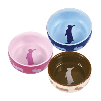 Drei bunte Haustierschalen in Pink, Blau und Braun, jede mit einer Silhouette eines Kaninchens im Inneren.