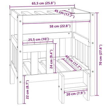 Illustration eines Holzhaustierbettes mit in Zentimetern und Zoll beschrifteten Abmessungen, das ein erhöhtes Design mit einer unteren Schublade zeigt.