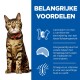 Een Bengaal kat in een rode halsband zit op een blauwe achtergrond, toont voordelen: caloriearm, hoog eiwit, vezels, Omega 6 en vitamine E.