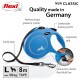 Blue flexi dog leash with ergonomic grip, sturdy tape, and braking system; features include 8m length for dogs up to 50kg.