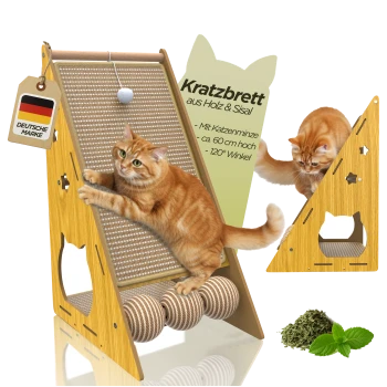 Holz- und Sisal-Kratzbrett für Katzen mit Katzenminze, 60 cm hoch, 120° Winkel, mit einer orangefarbenen getigerten Katze und deutschem Qualitätsetikett.