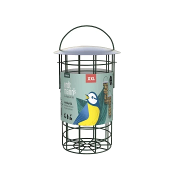 Grüner Metall-Draht-Futterspender für Vögel mit Griff und Etikett, das einen blau-gelben Vogel und den Text "erdt mann's" sowie 'XXL' zeigt.