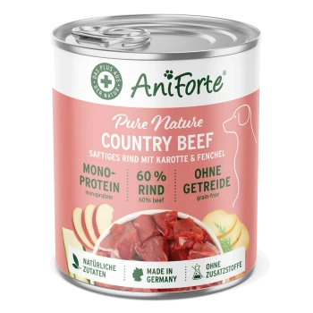 Dosen-Hundefutter mit dem Etikett "CountryBeef", das Rindfleisch, Kartoffeln, Karotten und Zucchini enthält. Enthält glutenfreie und getreidefreie Zutaten.