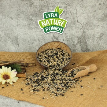 LYRA NATURE POWER-Logo über verschüttetem gemischtem Vogelfutter in einer Kokosschale mit Holzlöffel auf Jute, dekorative Blume.