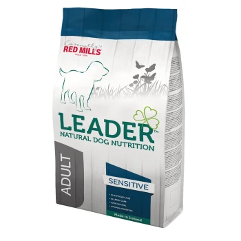 Bag of Leader Natural Dog Nutrition for adults, labeled "Sensitive," with a dog silhouette and details on nutritious lamb and allergy care.
