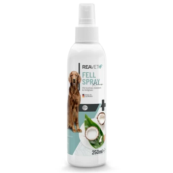 Flasche REAVET Fell Spray, 250ml, entworfen für einfaches Grooming und Fellpflege, mit Bildern von Kokosnuss und Aloe Vera, hergestellt in Deutschland.