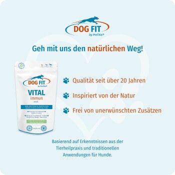 DOG FIT VITAL immun Beutel und Logo; deutsche Überschrift zum 'natürlichen Weg' und Aussagen: Qualität, natürlich, keine Zusatzstoffe.