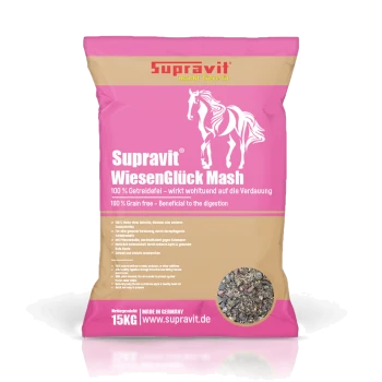 Tasche Supravit WiesenGlück Mash, 15 kg getreidefreies Pferdefutter, fördert die Verdauung, hergestellt in Deutschland.