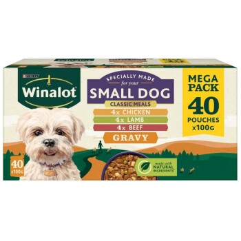 Winalot Mega Pack for small dogs, featuring 40 pouches (100g each) of classic meals: 4x chicken, 4x lamb, 4x beef, and gravy.