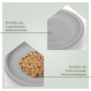 Grauer Futternapf, der geteilt ist: eine Seite mit Vogelfutter beschriftet "Futternapf," die andere mit Wasser beschriftet "Vogelbad."