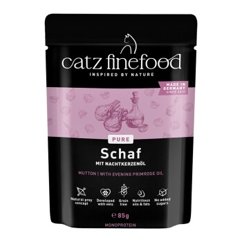 Catz Finefood Pure Schaf Lamm Katzenfutter mit Nachtkerzenöl, getreidefrei, ohne Zuckerzusatz, 85g Beutel, hergestellt in Deutschland.