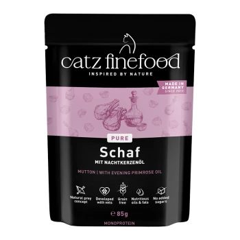Catz Finefood Pure Schaf Lamm Katzenfutter mit Nachtkerzenöl, getreidefrei, ohne Zuckerzusatz, 85g Beutel, hergestellt in Deutschland.