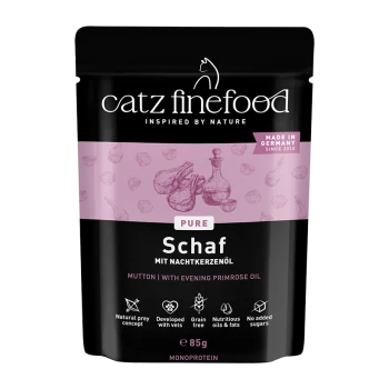 Catz Finefood Pure Schaf Lamm Katzenfutter mit Nachtkerzenöl, getreidefrei, ohne Zuckerzusatz, 85g Beutel, hergestellt in Deutschland.