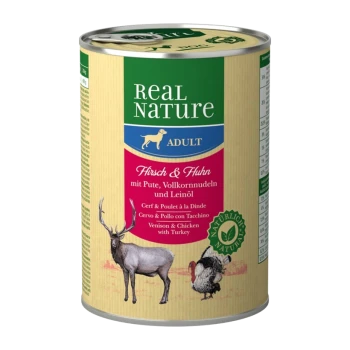 Canned dog food labeled "Real Nature Adult" featuring venison and chicken with turkey, whole grain noodles, and flaxseed.