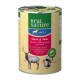 Dosen-Hundefutter mit der Aufschrift "Real Nature Adult," das Wild und Huhn mit Pute, Vollkornnudeln und Leinsamen enthält.