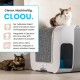 Eine dreifarbige Katze sitzt auf einer modernen grauen Filz-Katzenklo, während eine Schildpattkatze in der Nähe liegt. Text bewirbt die Funktionen der "CLOOU" Katzentoilette.