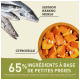 Image de poissons frais (saumon, hareng et merlan) à côté d'un bol de citrouille coupée en dés, avec un texte indiquant "65 % ingrédients à base de petites proies."