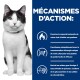 Chat noir et blanc à gauche ; panneau bleu à droite indiquant « MÉCANISMES D'ACTION : » avec des icônes et des puces en français sur la combustion des graisses, l'utilisation d'énergie et les oméga‑3.