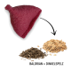 Rotes Filzspielzeug für Katzen mit einer spitzen Oberseite neben Haufen von Baldrianwurzel und Dinkelkörnern, beschriftet mit "BALDRIAN + DINKELSPLEZ."