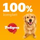 Golden Retriever vor einem orangefarbenen Hintergrund mit dem Text '100% komplett' und dem Pedigree-Logo am unteren Rand.
