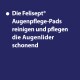 Eine flauschige Katze mit blauen Augen ruht auf einer gemütlichen gestrickten Decke, mit dem Text "Sanfte Augenpflege" deutlich darüber.