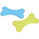 Two colorful rubber dog toys shaped like bones, one blue and one yellow, both featuring paw print patterns and textured surfaces.