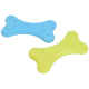 Two colorful rubber dog toys shaped like bones, one blue and one yellow, both featuring paw print patterns and textured surfaces.