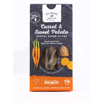 Go Native Carrot & Sweet Potato Dental Sticks for dogs, with a clear window showcasing the sticks and highlighting oral health benefits.