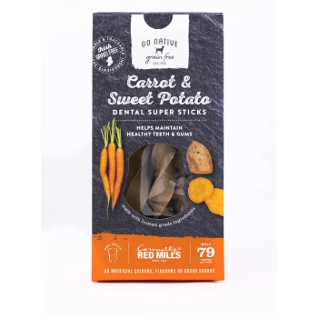 Go Native Carrot & Sweet Potato Dental Sticks for dogs, with a clear window showcasing the sticks and highlighting oral health benefits.