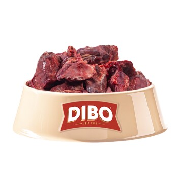 Eine beige Futterschüssel für Haustiere, gefüllt mit rohen Fleischstücken, mit der Marke "DIBO" und dem Slogan "Für die Besten das Beste."