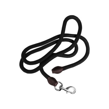 Schwarze geflochtene Hundeleine mit braunen Lederakzenten und einem silbernen Metallclip, lose spiralförmig ausgelegt.
