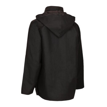 Schwarze, wasserdichte Hundejacke mit Kapuze, von hinten gezeigt, entworfen für Tierhalter.