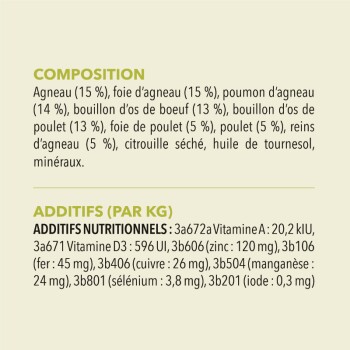Composition et informations nutritionnelles pour la nourriture pour animaux, énumérant des ingrédients comme l'agneau, le poulet et diverses vitamines et minéraux.