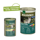 Dosenfutter für Haustiere mit der Bezeichnung 'Wilderness Adult Dark Fiord', mit einem Wolf und einem Hund auf der Verpackung, mit einem Hinweis auf das neue Design.
