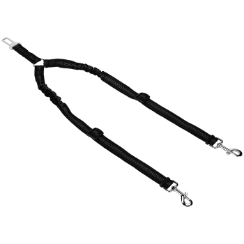 Zwarte verstelbare huisdierveiligheidsgordel met twee clips en elastische secties voor comfort, ontworpen voor veilige reizen met huisdieren.