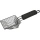 A metal pet scoop with a black foam handle, designed for cleaning pet waste, featuring a square-shaped basket.