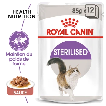 Pochette de nourriture pour chats Royal Canin Stérilisé, 85g x 12, avec une illustration de chat en train de courir, avec le texte "Nutrition Santé" et "Maintien du poids de forme."