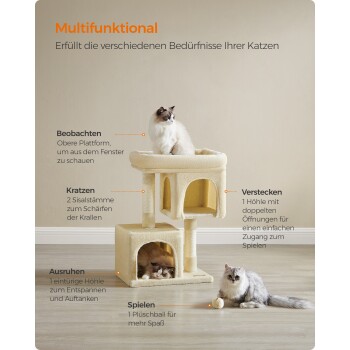 Ein multifunktionaler Katzenbaum mit zwei Katzen, der eine obere Plattform, Kratzpfosten, einen Rückzugsort und einen Plüschball bietet.