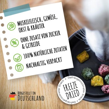 Hund frisst bunte gefriergetrocknete Leckerlis; deutscher Hinweis: 'Ohne Zusatz von Zucker & Getreide'; 'Freeze Dried'; in Deutschland