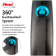 Flexi 360° Gurtlauf-System für Haustierleinen, mit einem schwarzen Riemen und einem blauen Mechanismus, mit Text, der die Funktionalität erklärt.
