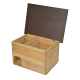 Houten opslagdoos voor huisdiervoeding met een bruine deksel, met twee compartimenten en een zijopening.