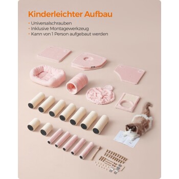 Eine flache Ansicht eines Katzenmöbel-Bausatzes mit rosa Plüschkomponenten, Kratzpfosten, Werkzeugen und einer Katze, die die Anleitung liest.