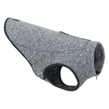 Grauer Haustierpullover mit Reißverschluss und rundem Halsloch, entworfen für Wärme und Komfort.