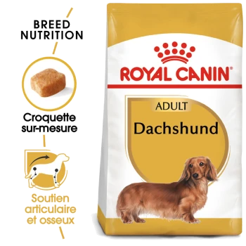 Sac de nourriture pour chiens Royal Canin Adult Dachshund avec une illustration de teckel, avec un texte soulignant la nutrition de la race et le soutien des articulations.
