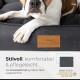Ein entspannter Hund ruht auf einem stilvollen schwarzen Haustierbett mit einem Lederetikett, das "Freudentier" beschriftet ist. Der Text hebt Komfort und einfache Pflege hervor.